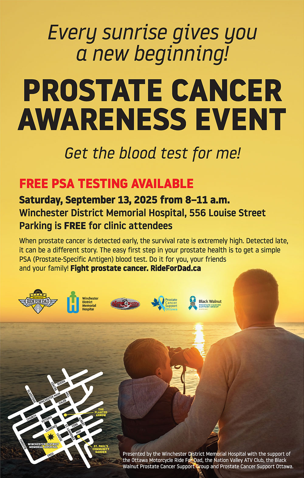 Free PSA Testing Available, Saturday, September 13, 2025 from 8-11 a.m. Winchester District Memorial Hospital, 556 Louise Street Parking is FREE for clinic attendees