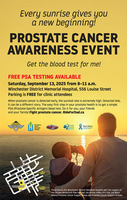 Free PSA Testing Available, Saturday, September 13, 2025 from 8-11 a.m. Winchester District Memorial Hospital, 556 Louise Street Parking is FREE for clinic attendees